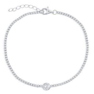 Sterling Silver rhodium plated round bezel set cubic zirconia tennis style bracelet 7.25"+1"