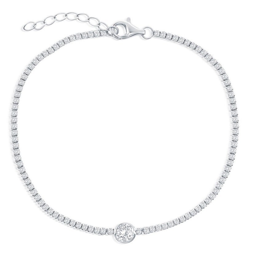 Sterling Silver rhodium plated round bezel set cubic zirconia tennis style bracelet 7.25"+1"