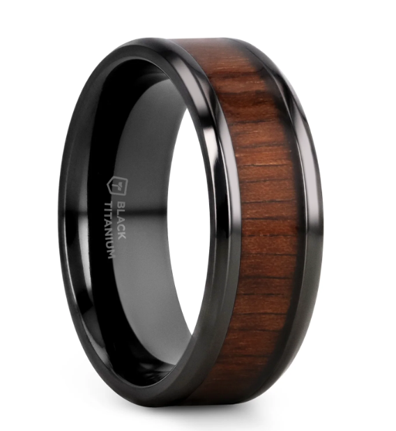T BTWW .png KONY Black Titanium Polished Beveled Edges Black Walnut Wood Inlaid Men’s Wedding Ring 8mm, size 10