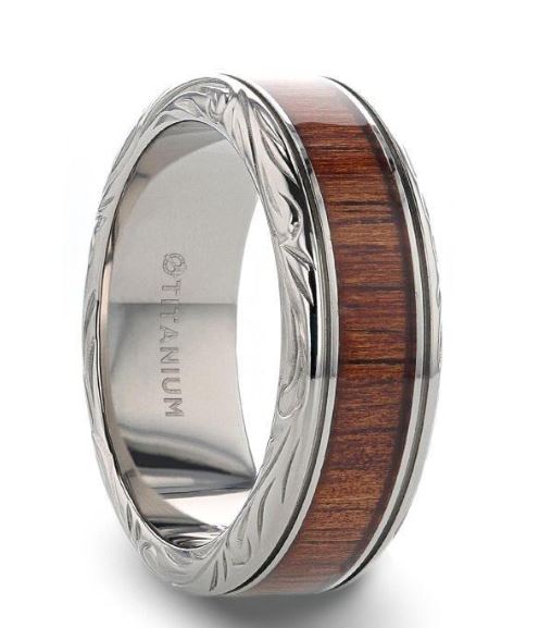 T TPKW mm . .jpg OHANA Koa Wood Inlaid Titanium Men’s Wedding Ring with Intricate Edges,6mm size 10 - 6mm - 10mm