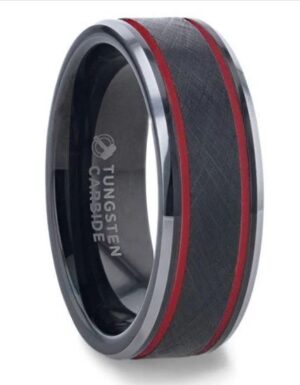 OLIS Wire Finish Centered Black Tungsten With Double Red Stripe Polished Beveled Edges Band - 8mm, size 10.5