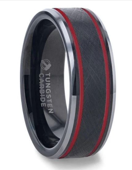TBWI mm . .jpg OLIS Wire Finish Centered Black Tungsten With Double Red Stripe Polished Beveled Edges Band - 8mm, size 10.5