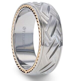 SATURN Woven Pattern Domed Titanium Men's Wedding Ring With Yellow Gold Braided Edges - 8mm, 11