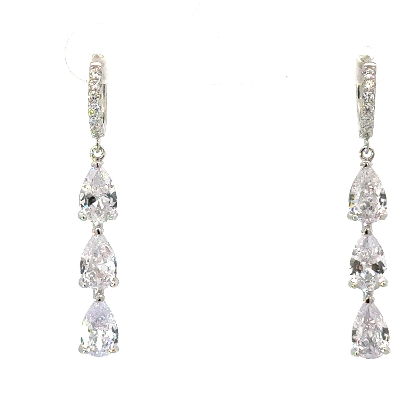 Sterling Silver rhodium plated dangle pear shape drop cubic zirconia huggie earring