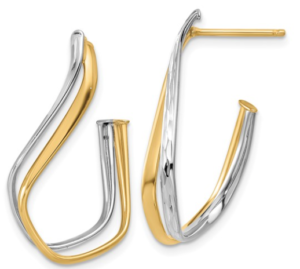 14kt two tone polished and diamond cut twisted J hoop earring