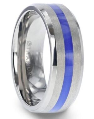 BARRY Blue Stripe Inlaid Titanium Flat Brushed Men's Wedding Ring With Beveled Polished Edges - 8mm size 10