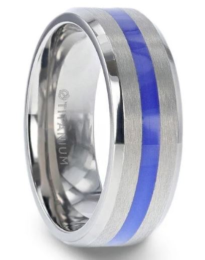 TFBB mm . .jpg BARRY Blue Stripe Inlaid Titanium Flat Brushed Men's Wedding Ring With Beveled Polished Edges - 8mm size 10