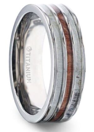 TRIPOLI Wood Inlaid Titanium Flat Polished Finish Men's Wedding Ring With White Double Deer Antler Edges - 8mm,11