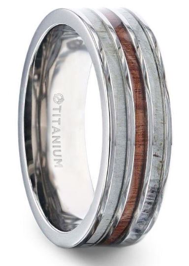TRIPOLI Wood Inlaid Titanium Flat Polished Finish Men's Wedding Ring With White Double Deer Antler Edges - 8mm,11