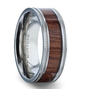 Mocha Koa Wood Inlaid Titanium Wedding Ring W/ Polished Milgrain Edges - 8mm, 10.5