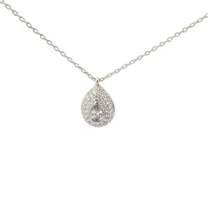 Sterling Silver pear shape halo pave pendant on adjustable chain rhod plated