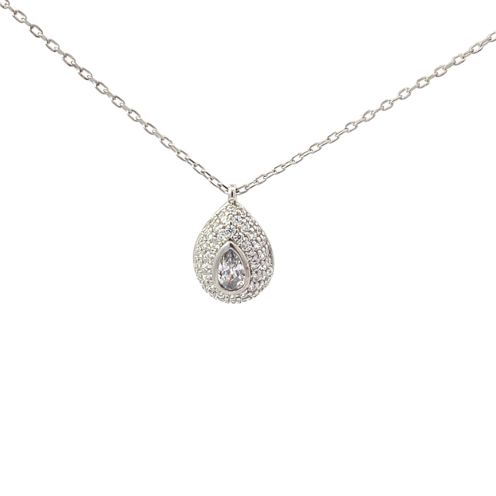Sterling Silver pear shape halo pave pendant on adjustable chain rhod plated