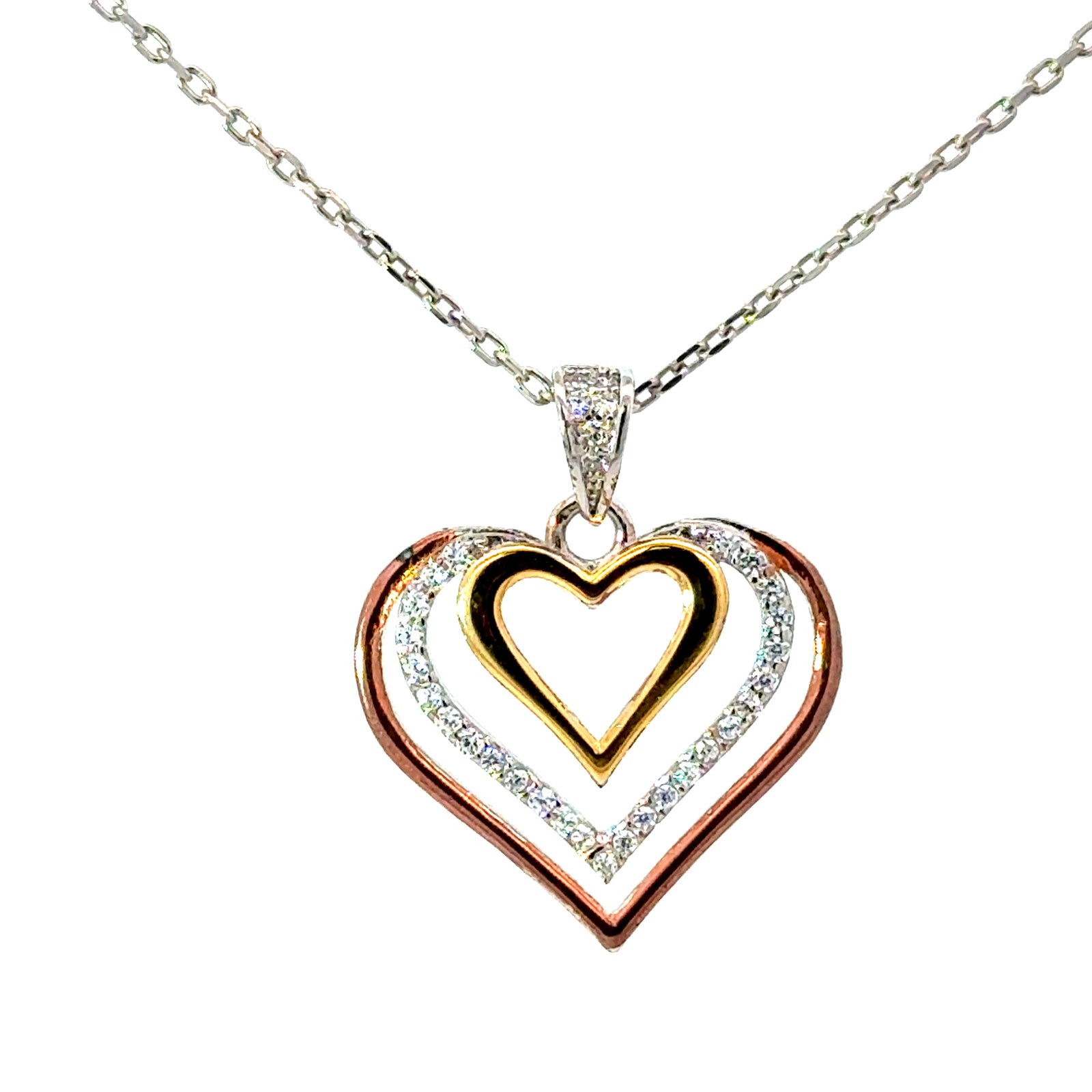 Sterling Silver tri colored cubic zirconia tripple heart pendant on 1.1mm diamond cut cable chain 18"