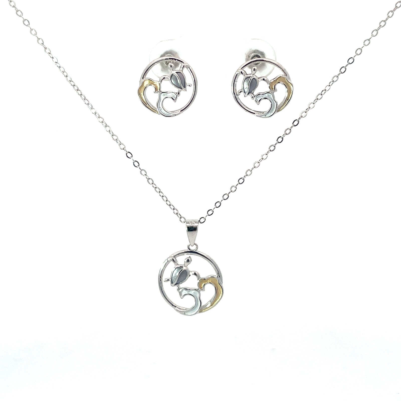 Sterling Silver tri colored wave and turtle earring and necklace SOLD AS SET