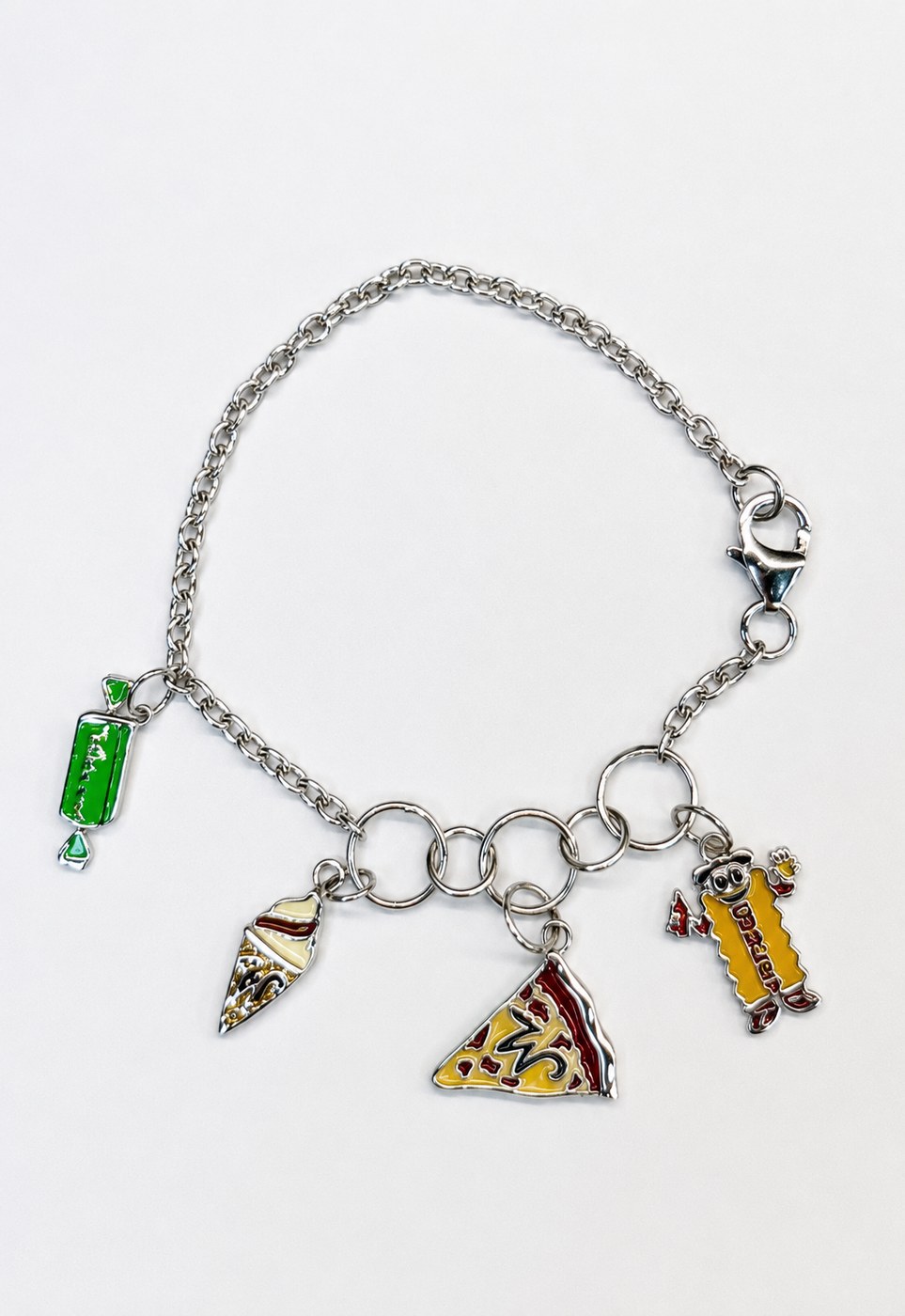 Tastofwildwood .jpg Sterling Silver "Taste of Wildwood" taffy twist, ice cream, pizza and curley fries charm bracelet 7" long