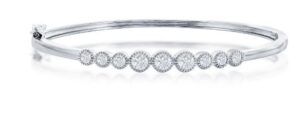 Sterling Silver beaded outline graduated round cz bangle bracelet with foldover safety rhodium plated