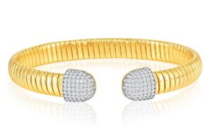 Sterling Silver, Polished Lined Pave Cubic Zirconia Flexible Bangle- Gold Plated