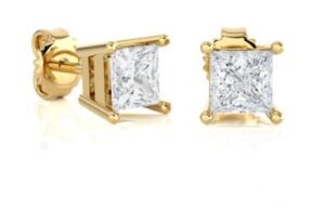 14kt y/g princess cut diamond stud earring w/friction nuts 2 pr cut dia tw 0.22 cts SI3 clarity, H color