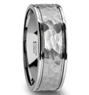 THORNTON Hammered Center Tungsten Carbide Wedding Band with Dual Offset Grooves and Polished Edges, 8mm size 10 - 6mm & 8mm