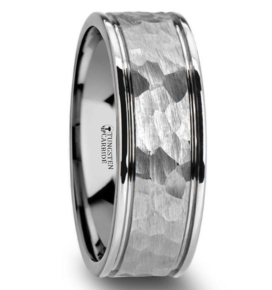 THORNTON Hammered Center Tungsten Carbide Wedding Band with Dual Offset Grooves and Polished Edges, 8mm size 10 - 6mm & 8mm