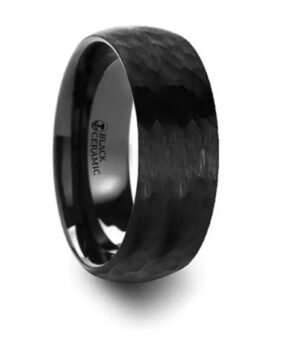 Domed Hammer Finish Black Ceramic Wedding Band with Brushed Finish 8mm size 10