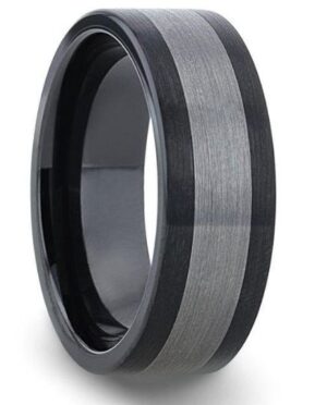 ENDAST Ceramic Inlay Black Tungsten Wedding Band With Flat Brushed Edges - 8mm size 10