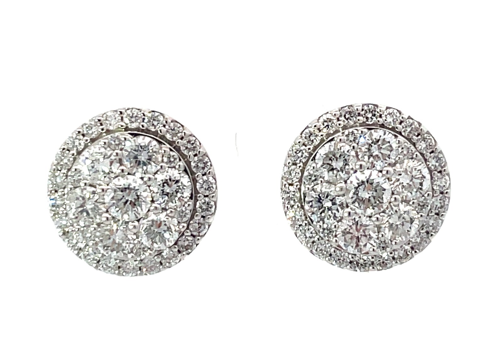 WHEF .jpg 14kt white gold diamond halo cluster earring tw 2.00cts SI1 clarity, near colorless G