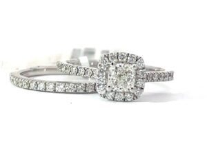 14kt white gold diamond bridal set with cushion halo C tw 0.50ct tw 1.125cts SI, G/H