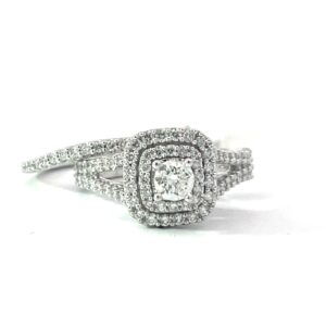 14kt white gold diamond cushion shape double halo split shank bridal set D tw 1 1/4ct C SI2, I, SI1, H