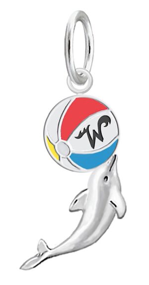 Sterling Silver rhodium plated Dolphin balancing a Wildwood enamel Beach Ball Charm