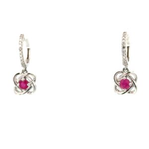 10kt white gold ruby and diamond love knot dangle huggie hoop earring Dtw 0.10cts Ruby tw 0.56cts