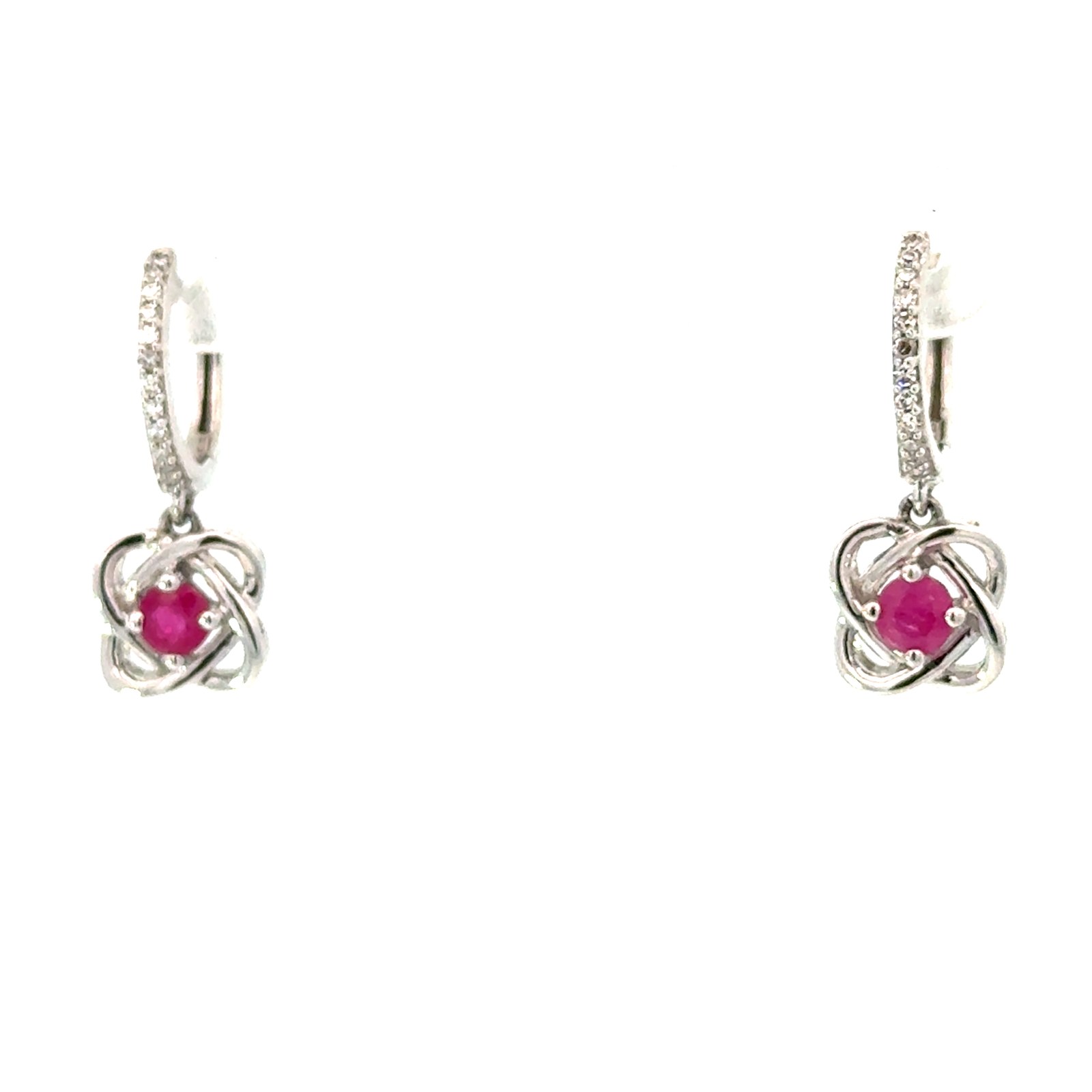 10kt white gold ruby and diamond love knot dangle huggie hoop earring Dtw 0.10cts Ruby tw 0.56cts