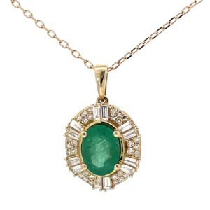 14kt yellow gold diamond and genuine emerald oval halo pendant D tw 0.40cts E tw 1.25cts VS2, colorless F