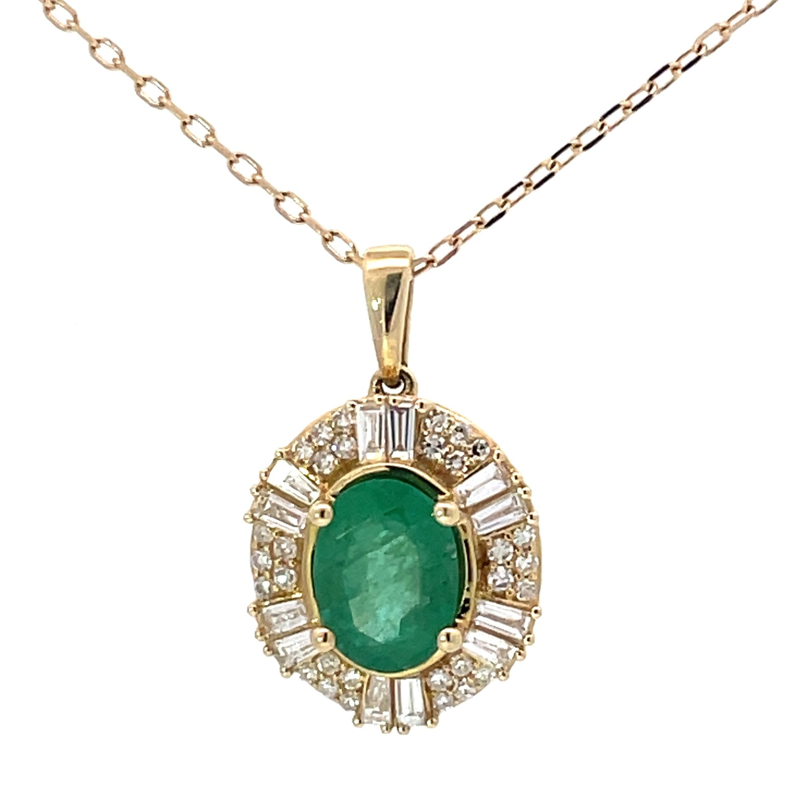 14kt yellow gold diamond and genuine emerald oval halo pendant D tw 0.40cts E tw 1.25cts VS2, colorless F