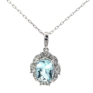 10kt white gold diamod and genuine aquamarine art deco pendant D tw 025cts A tw 1.47cts