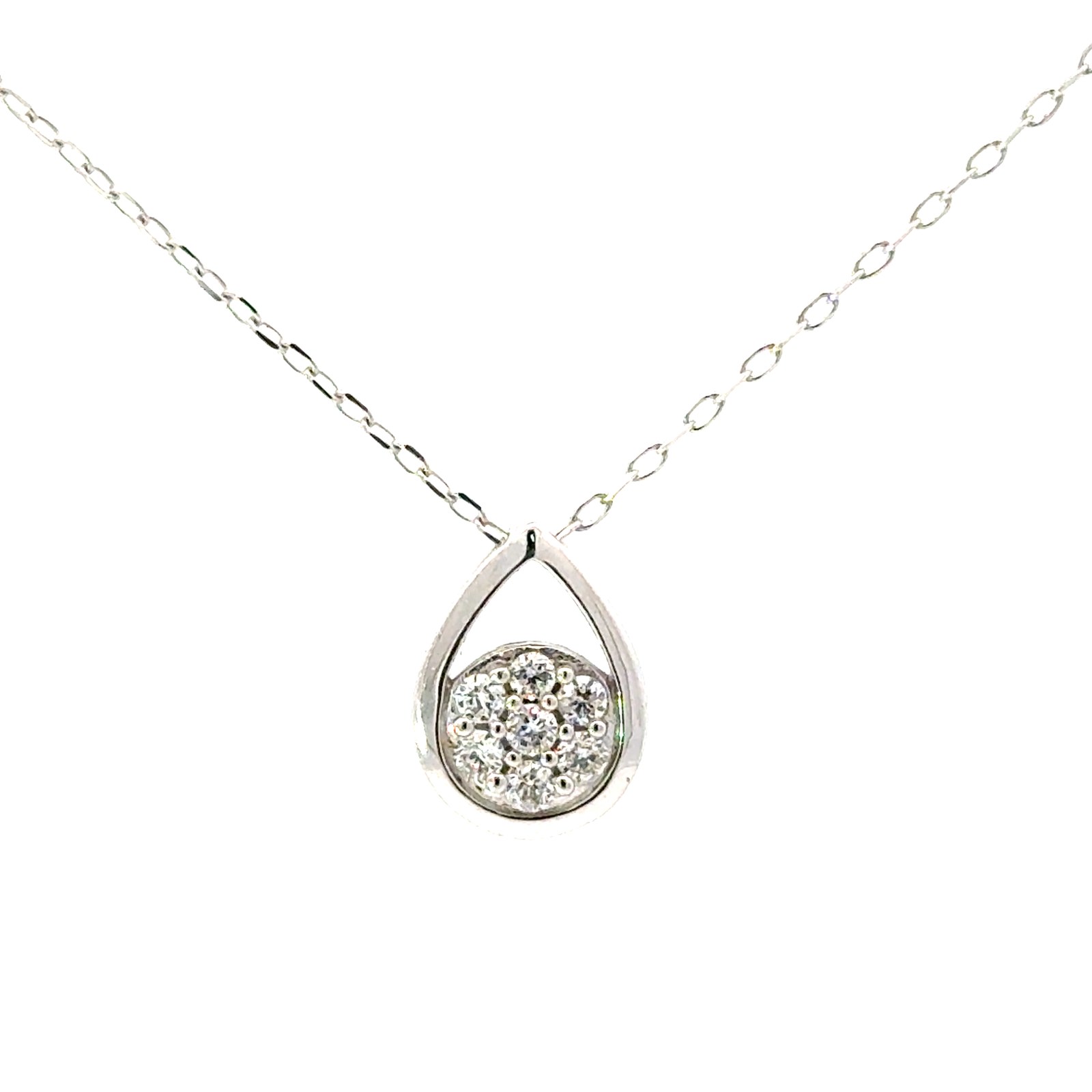 XNA .jpg 10kt white gold trear drop open cluster pendant D tw 0.16cts SI clarity, near colorless H/I color on 18"