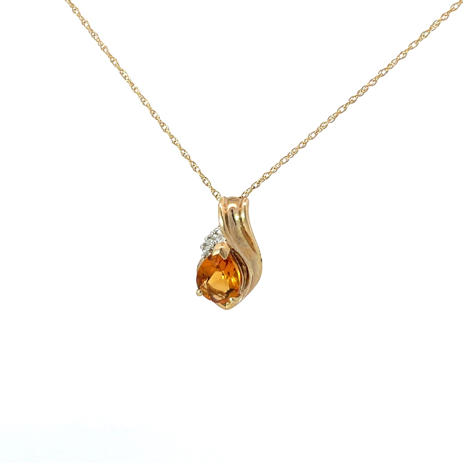 XPH 10kt yg diamond and citrine pendant on chain 1 pear shape citrine 2 rd diamonds tw 0.01pts