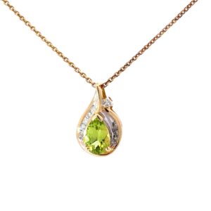 14kt yg dia and 7X5 genuine peridot pear shape 9 rd diamonds tw 0.07 pts si1/si2 clarity, I color pend
