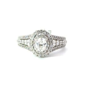 14kt white gold diamond double halo oval engagement ring C tw0.50 SI1, G tw 1.25cts