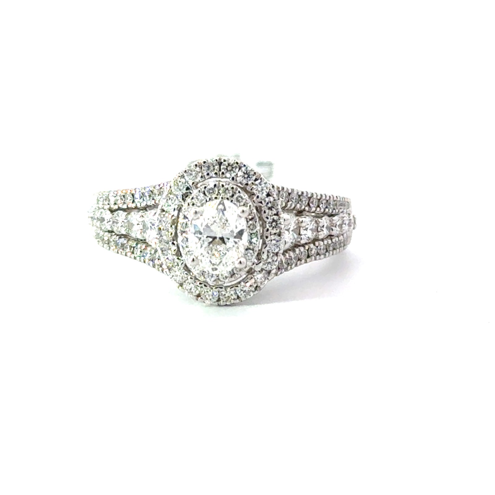XRF 14kt white gold diamond double halo oval engagement ring C tw0.50 SI1, G tw 1.25cts