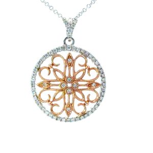 14kt two tone rose and white gold diamond antique style pendant on link 18" tw 0.33cts SI, H