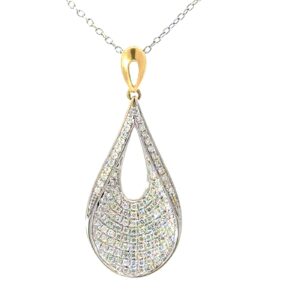 18kt two tone diamond pear drop pave pendant on 18" link chain tw 0.63cts SI, G