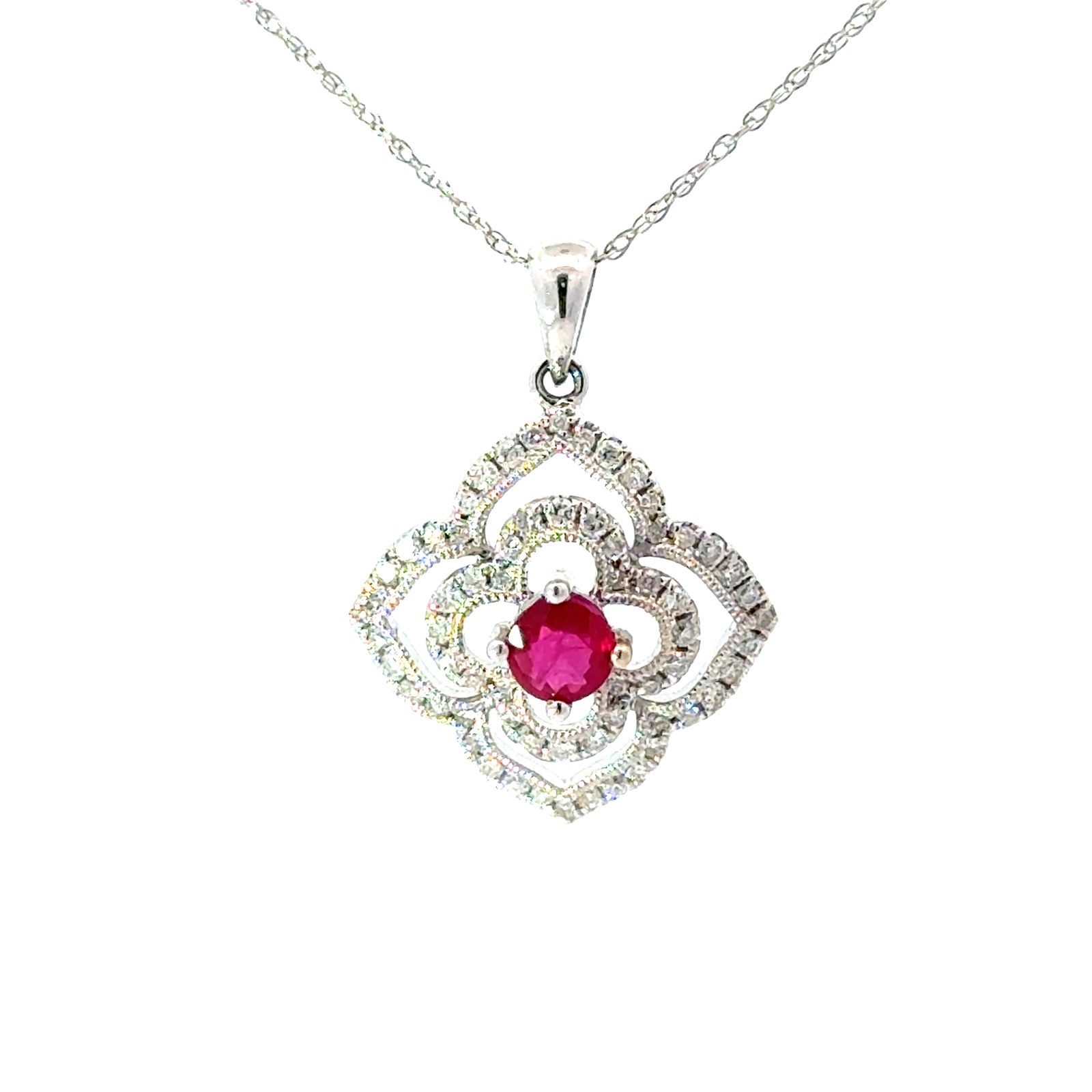 XPJ .jpg 14kt white gold ruby and diamond fashion double row pend D tw 0.28cts R tw 0.50cts SI, H