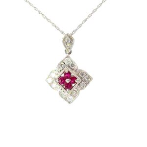 14kt white gold ruby and diamond antique style milgrain pendant D tw 0.30cts R tw 0.40cts SI, H