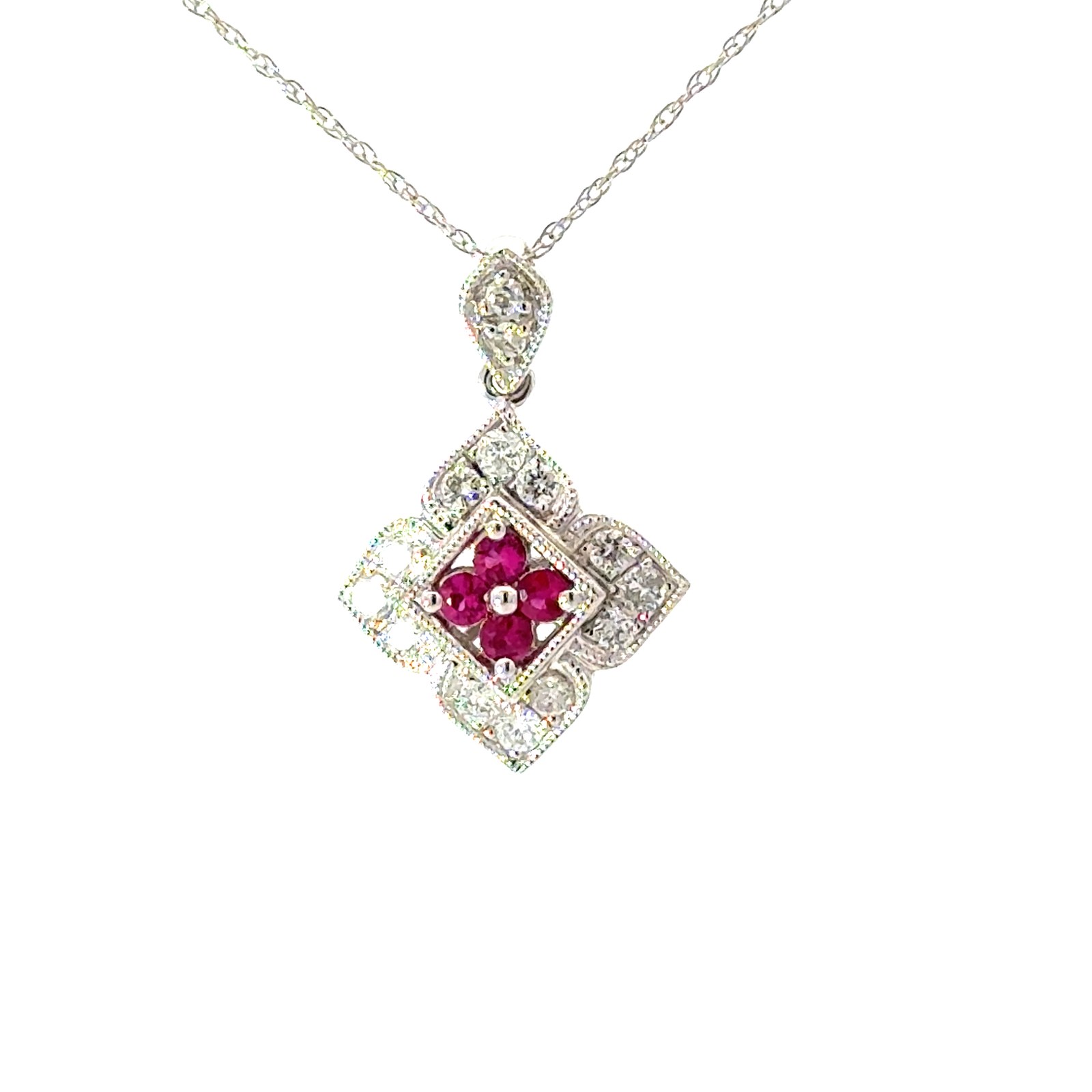 XPJ .jpg 14kt white gold ruby and diamond antique style milgrain pendant D tw 0.30cts R tw 0.40cts SI, H