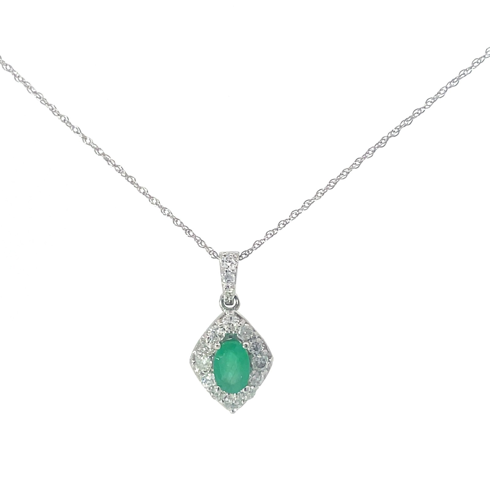 XPJ 14kt white gold halo oval emerald and diamond pendant D tw 0.60cts D tw 0.08cts SI2, H/I