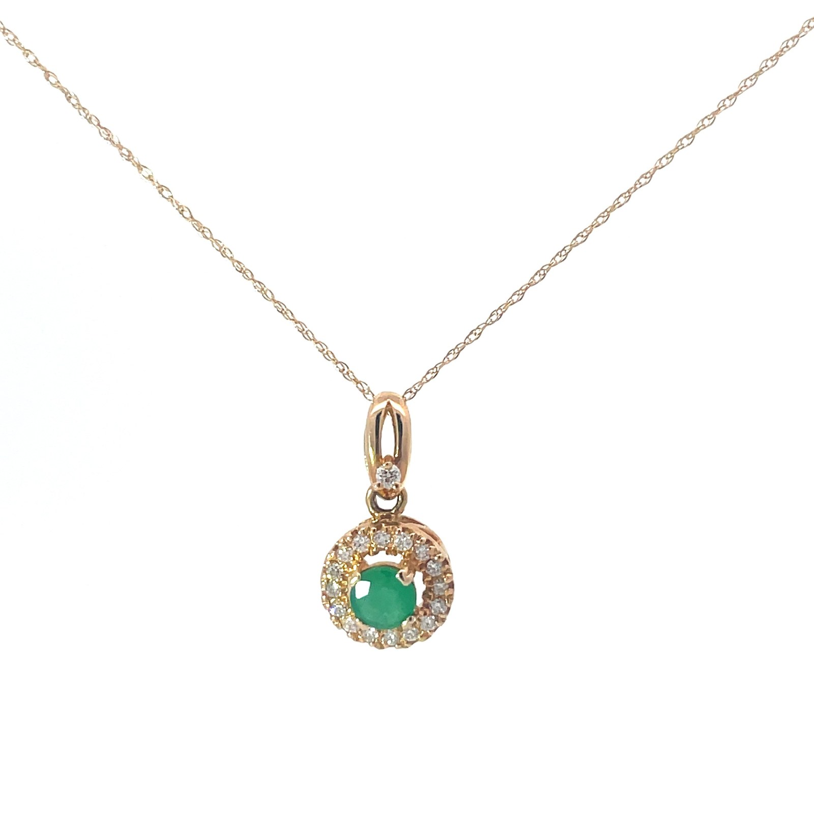 XPJ 14kt yg diamond and emerald halo pendant D tw 0.18ct SI, near colorless H, E tw 0.50cts