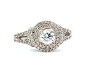 14kt white gold diamond double halo Rd eng ring C tw 0.50cts tw 1.11cts SI2, H color IGI cert.