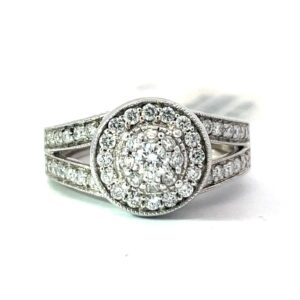 14kt white gold diamond split shank fancy halo engagment ring tw 1.00cts SIm G/I