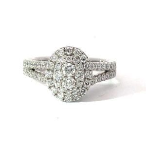 14kt white gold diamond oval cluster split shank ring tw 1.00cts SI, H
